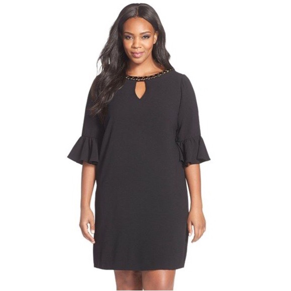 Embellished Neck Flounce Sleeve Crepe Shift Dress